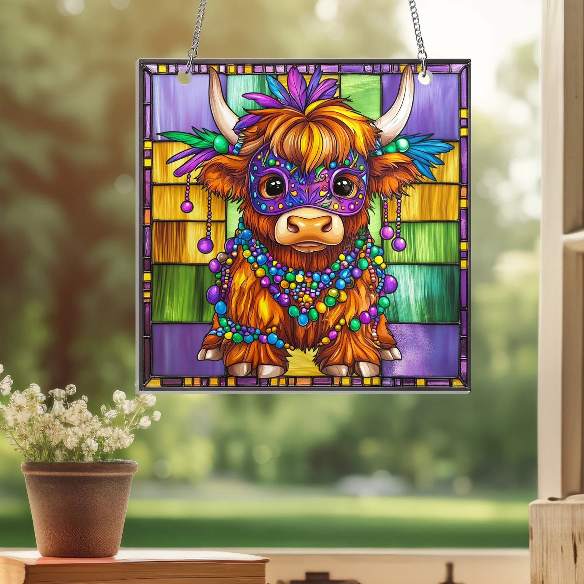 Mardi Gras Highland Cow Acrylic Suncatcher Hanging