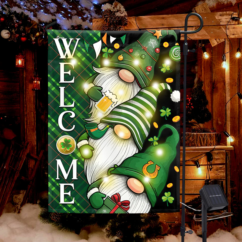Welcome Gnomes Solar LED Flag, Irish Shamrock St Patrick’s Day Christmas Garden Flag, Holiday Outdoor Decoration Gift