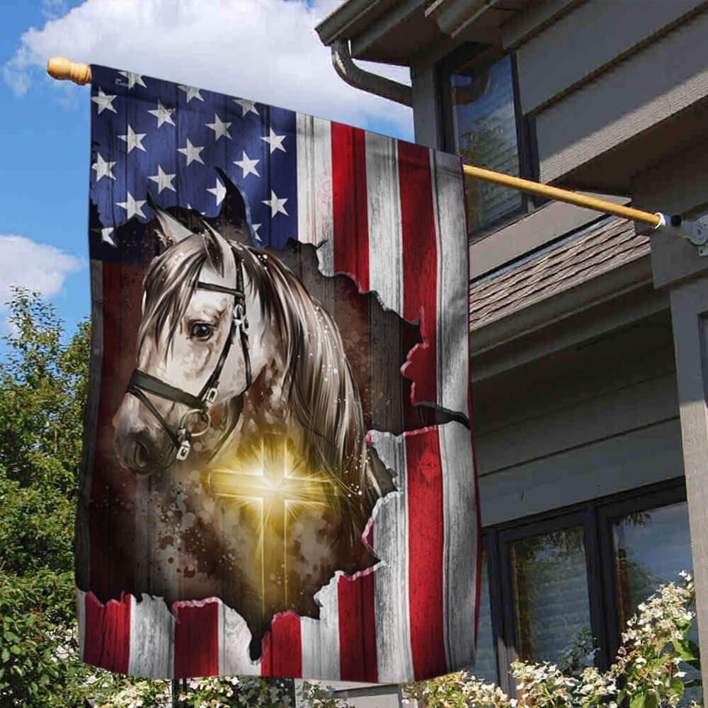 Horse Stand With God Christian Cross American Flag