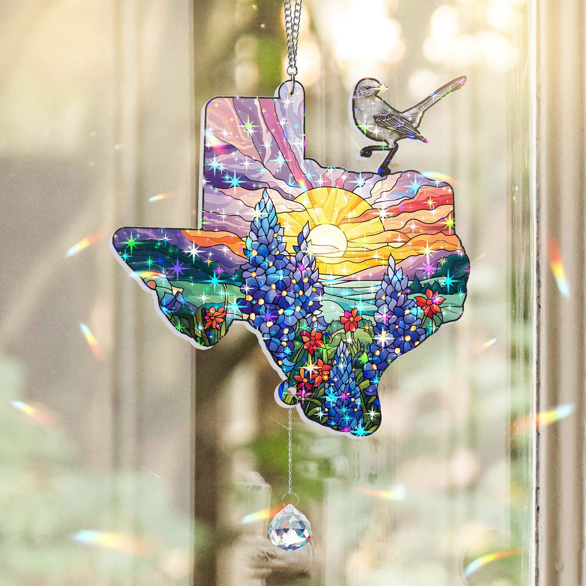 Texas with Northern Mockingbird and Bluebonnet, Texas Hologram Window Hanging