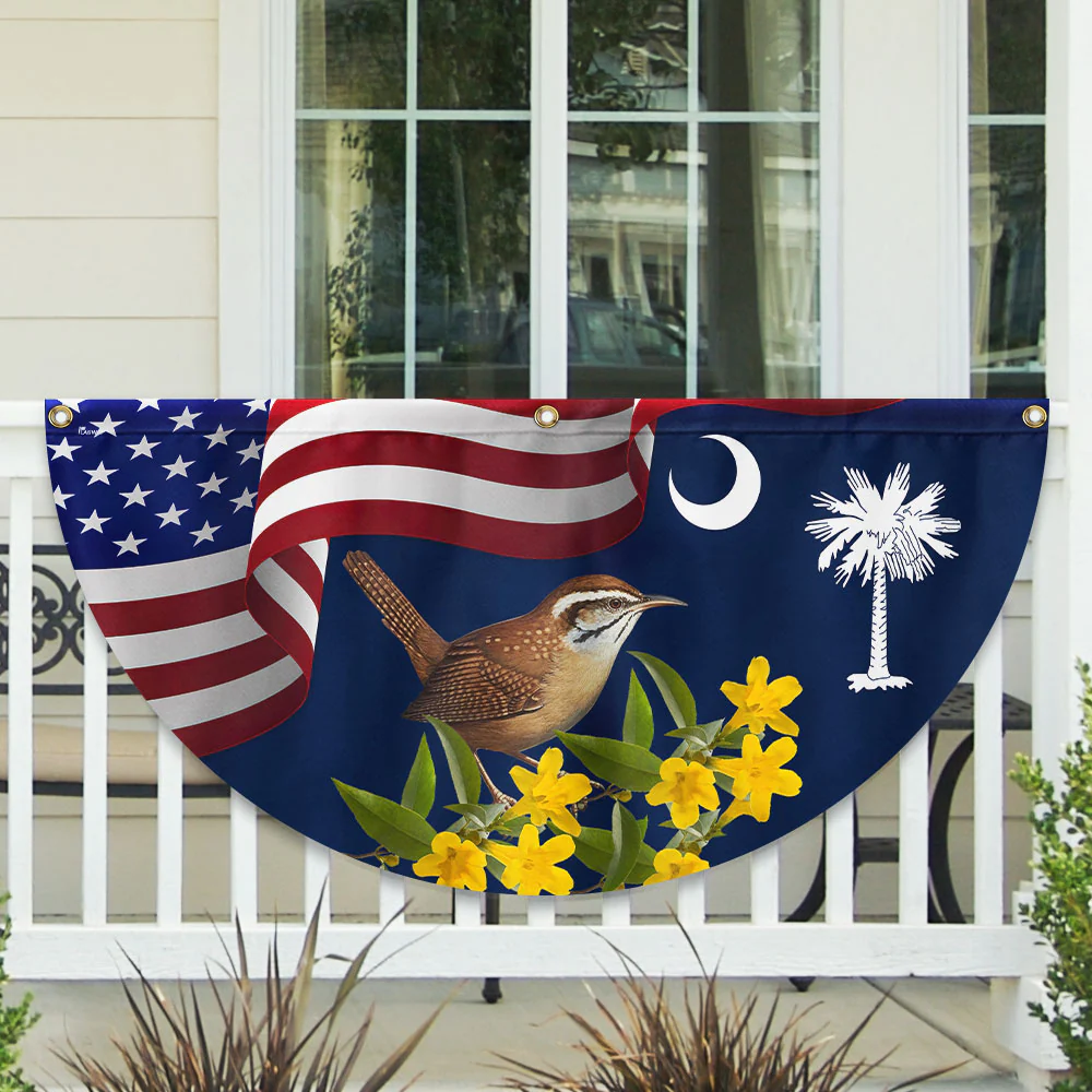 South Carolina Yellow Jessamine Flower and Carolina Wren Bird Non-Pleated Fan Flag 3-Day Shipping