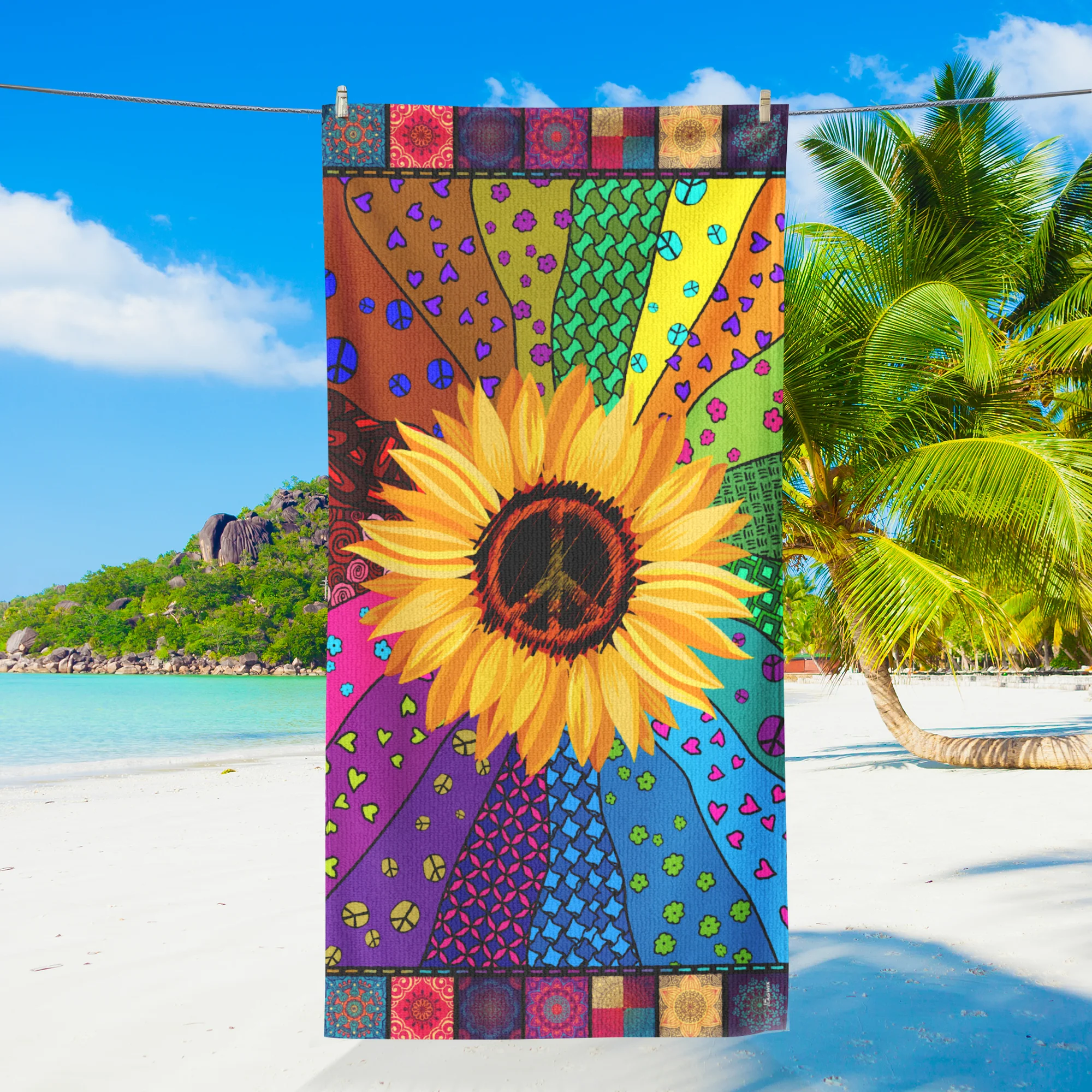 Hippie Peace Sign Sunflower Beach Towel
