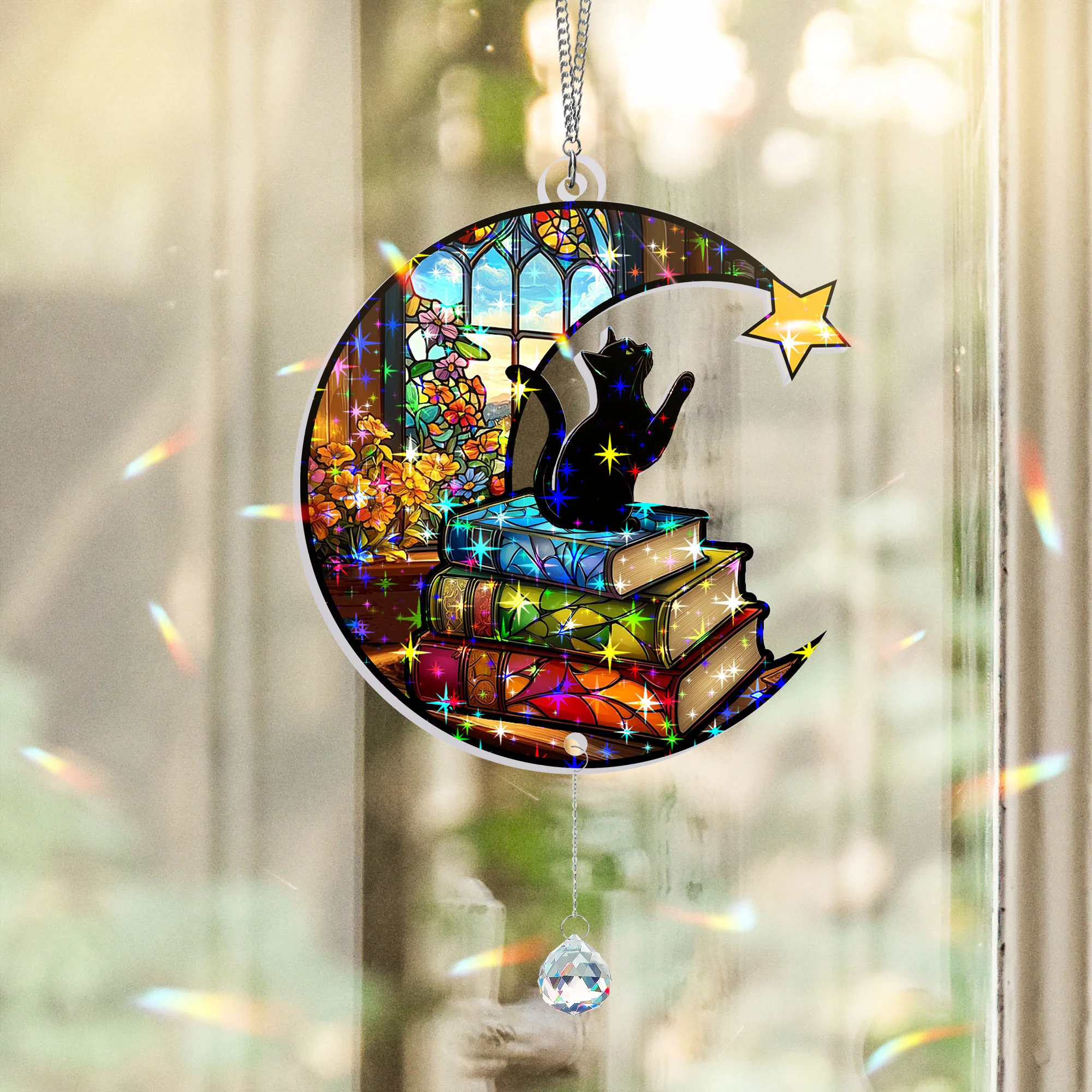 Cat Book Reading Cat Bookish Gift Hologram Window Hanging