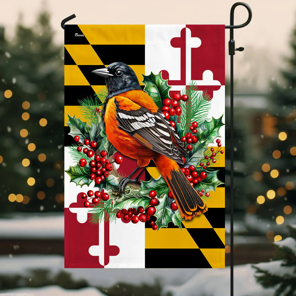 Maryland Christmas Baltimore Oriole Bird and  Christmas Wreath Flag
