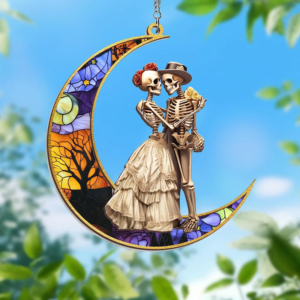 Halloween Skeleton Couple On The Moon Skull Lover 2 Layered Hanging Suncatcher