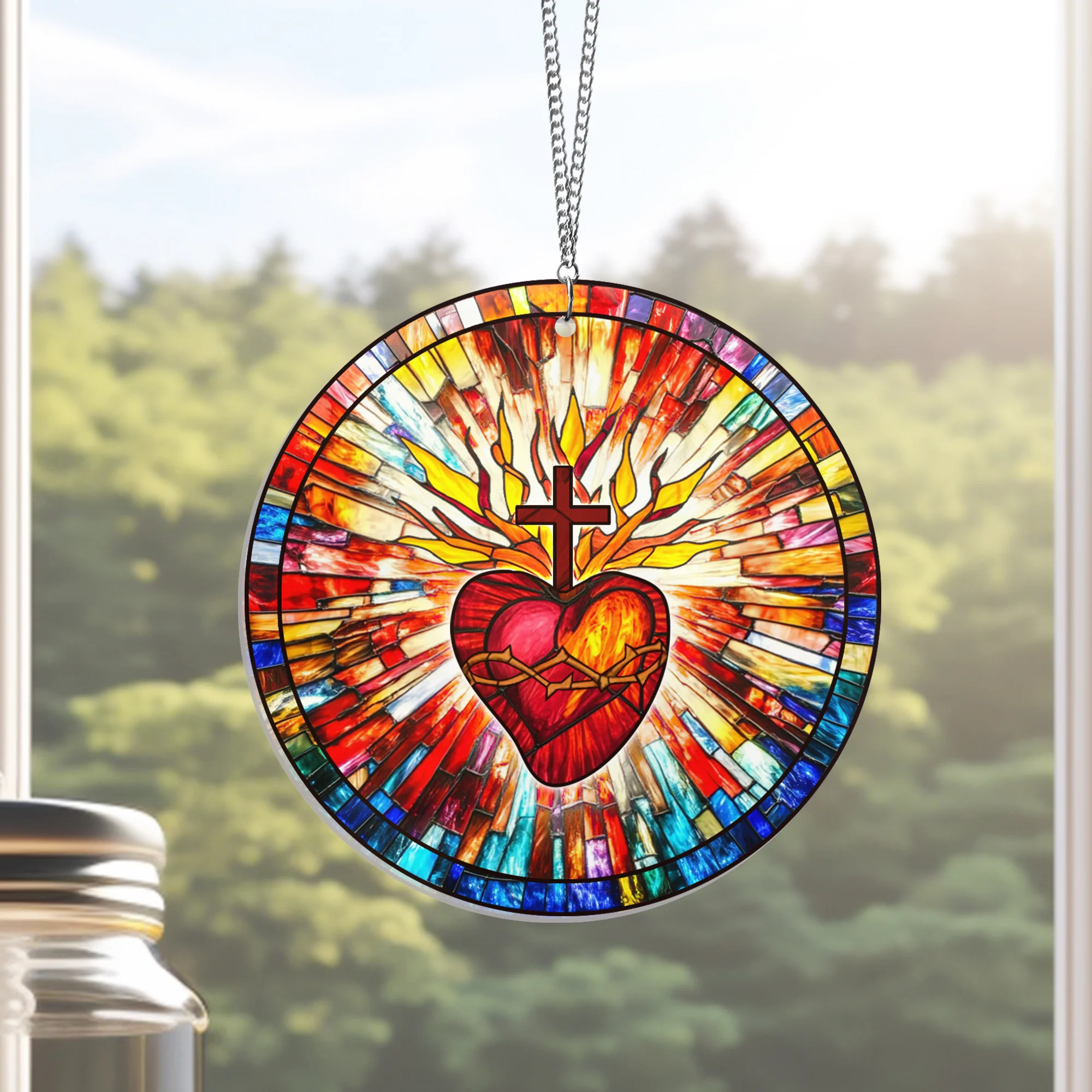 Christian Cross, Sacred Heart of Jesus Suncatcher Acrylic Hanging