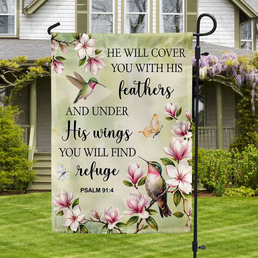 Spring Hummingbird Flag, He will cover you with Feathers Jesus Decor
