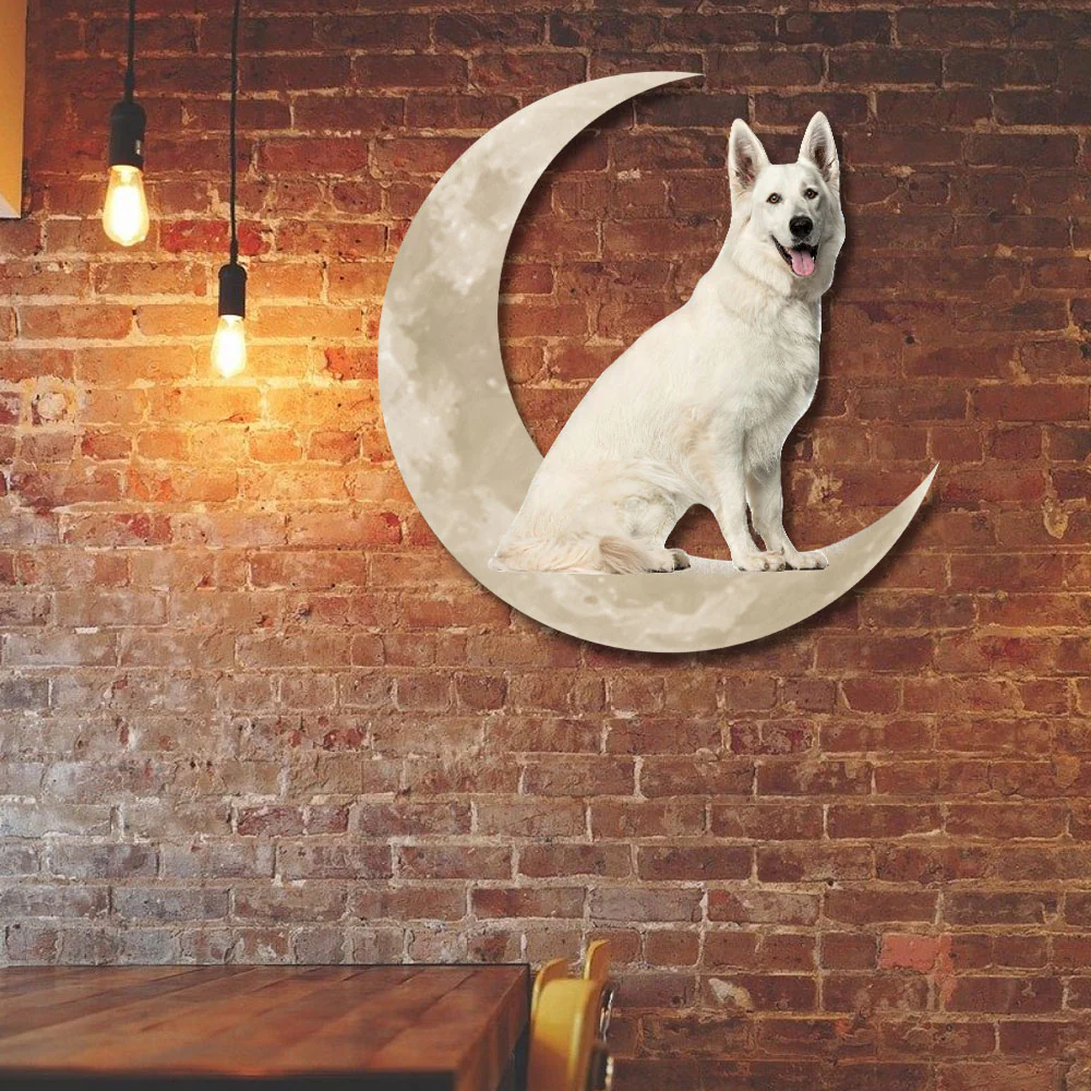 White German Shepherd On The Moon hanging Metal Sign