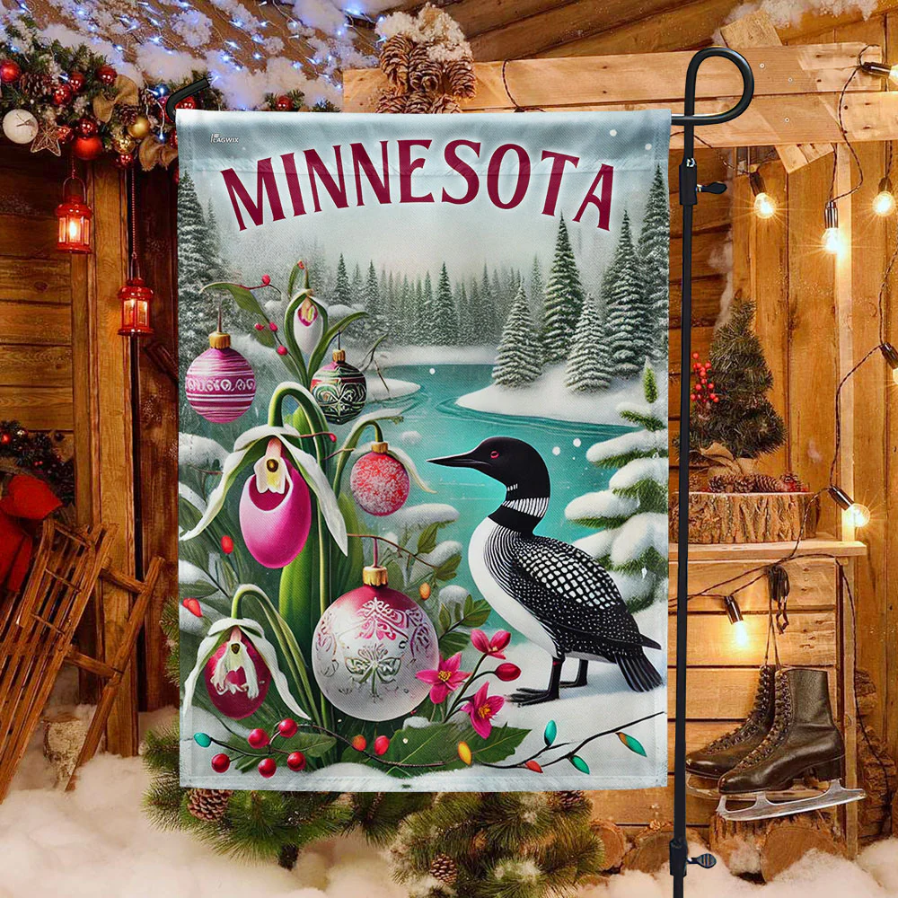 Minnesota Christmas Common Loon and Pink White Lady's Slipper Flag