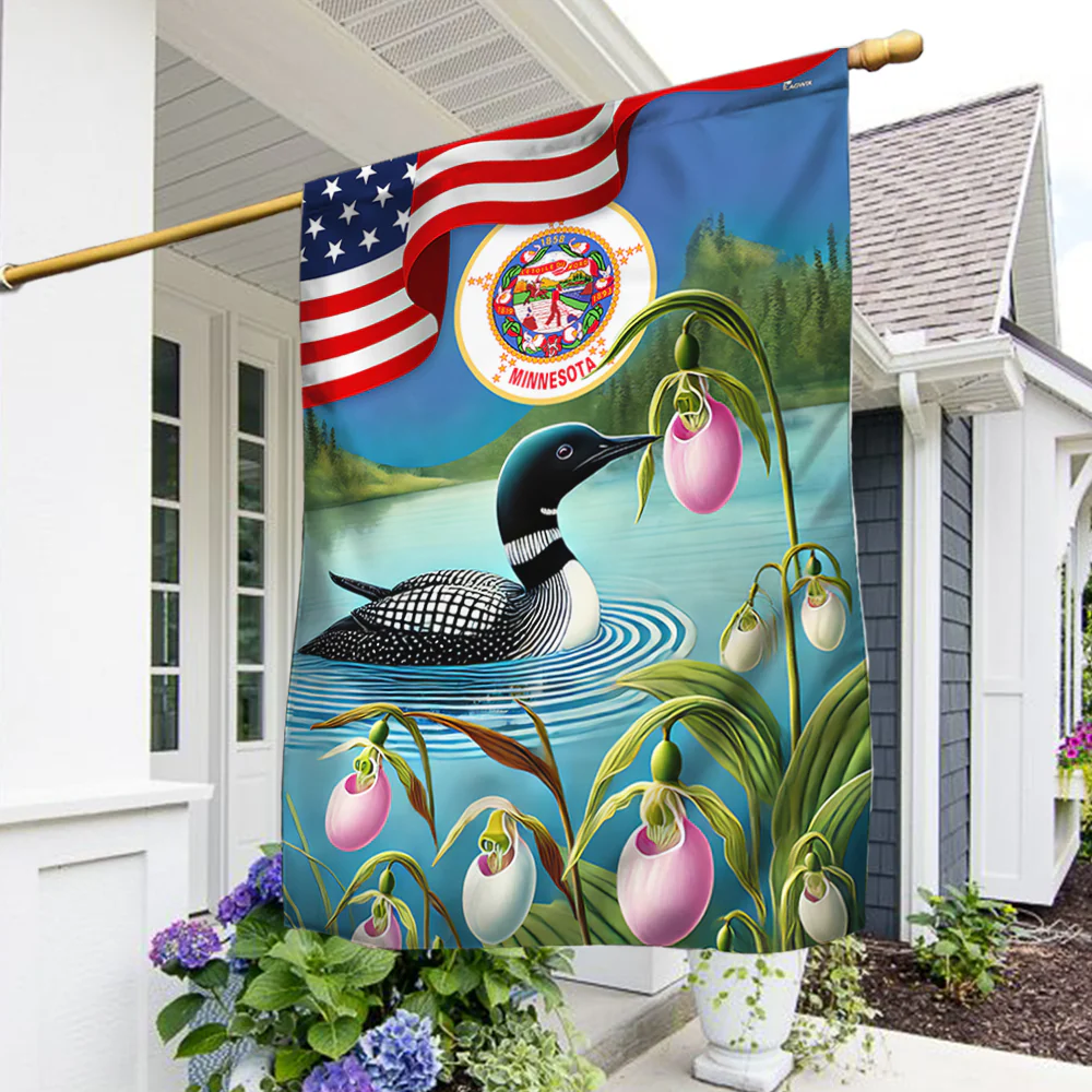 Minnesota State Lady's Slipper Flower and Loon American Flag
