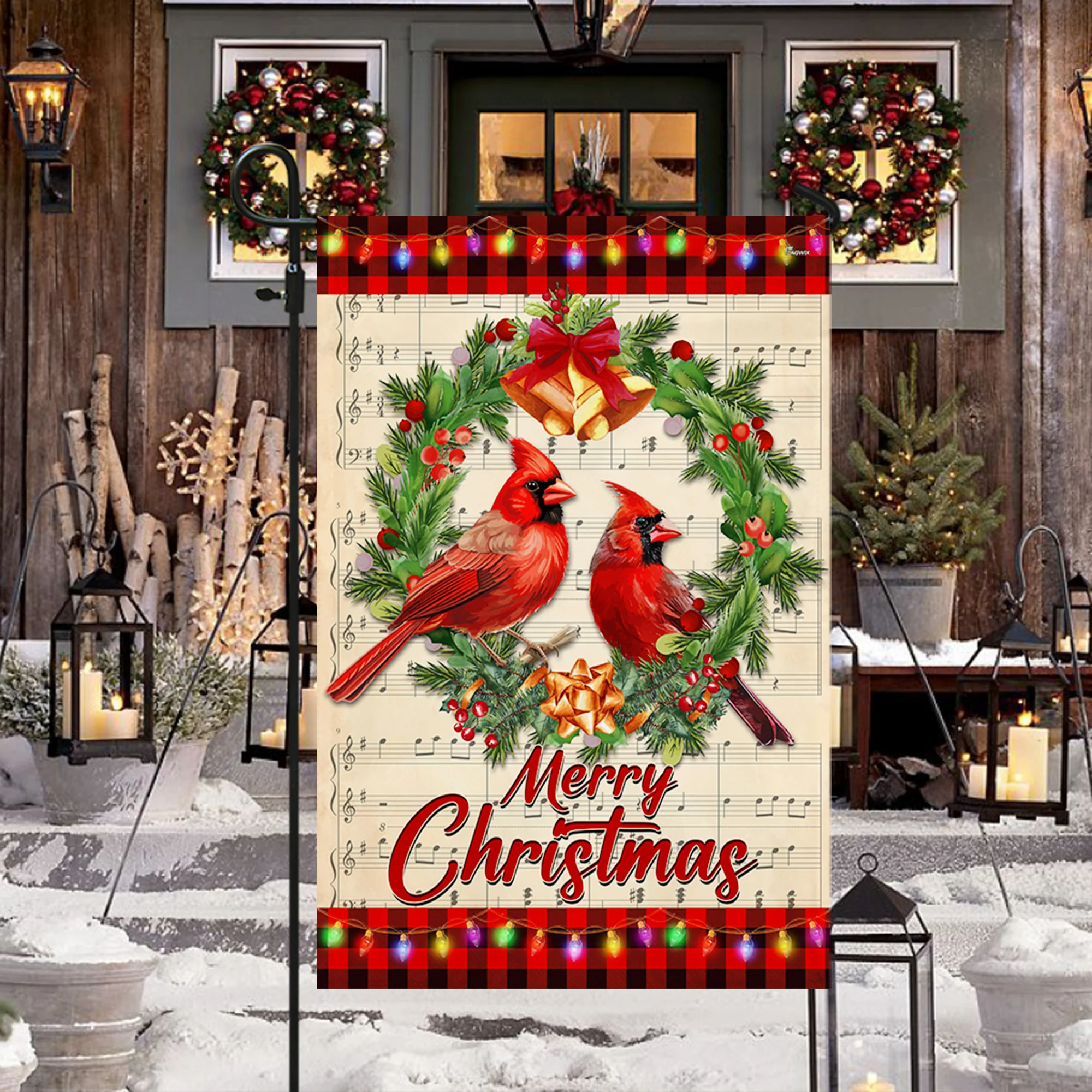 Cardinal Merry Christmas Cardinals in Wreath Flag