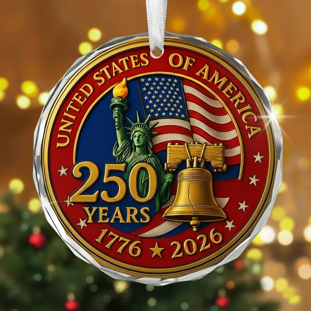 Bimipi 250th Anniversary USA Glass Ornament - Patriotic Christmas Decoration - USA American Keepsake