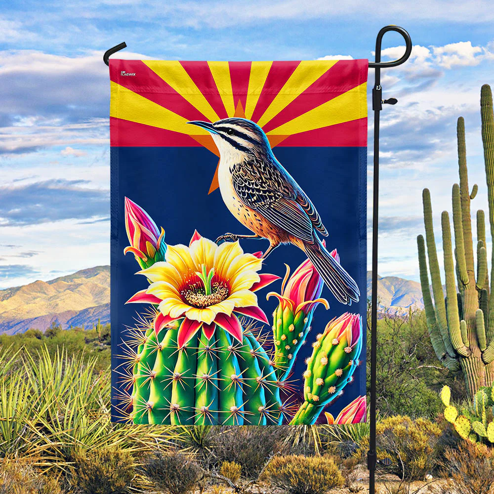 Arizona Cactus Wren and Saguaro Cactus Blossom Flag