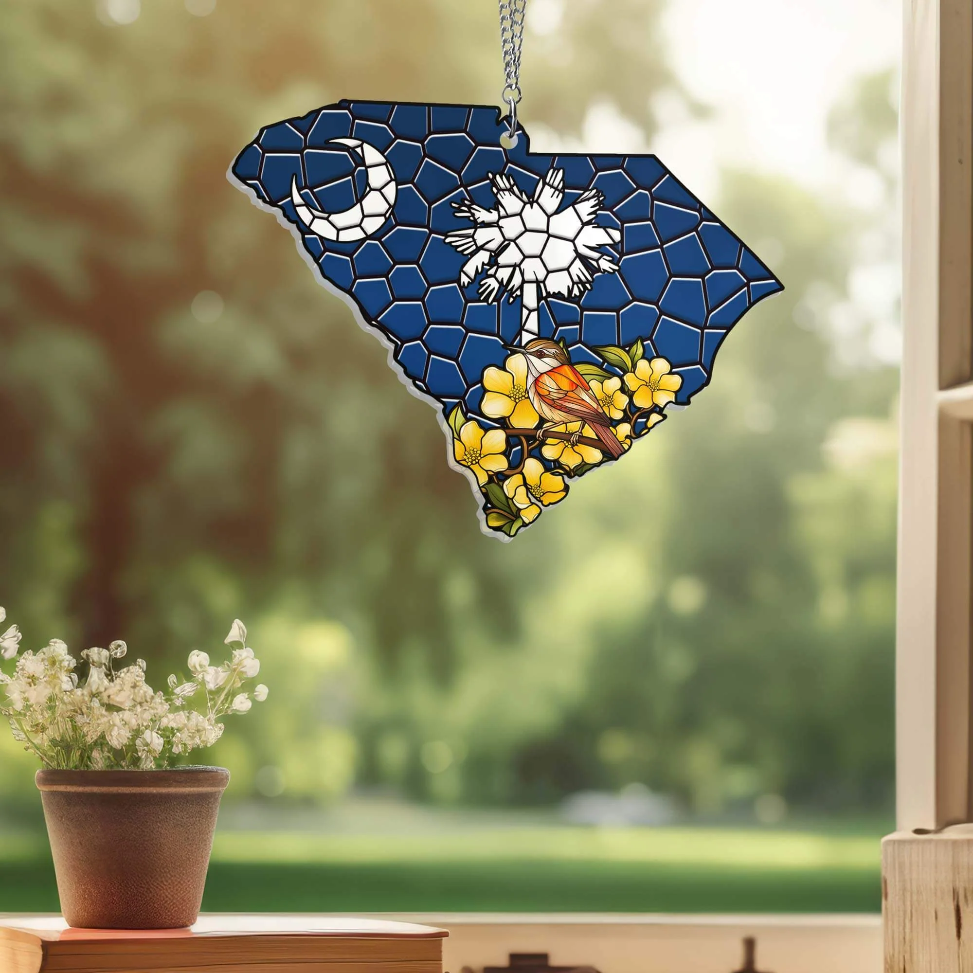 South Carolina Yellow Jessamine Flower witth Carolina Wren Bird Suncatcher Acrylic Hanging Window TPT1035ASv1n