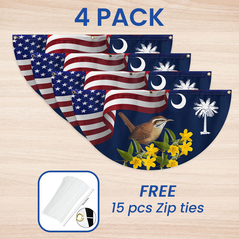 South Carolina Yellow Jessamine Flower and Carolina Wren Bird Non-Pleated Fan Flag 3-Day Shipping