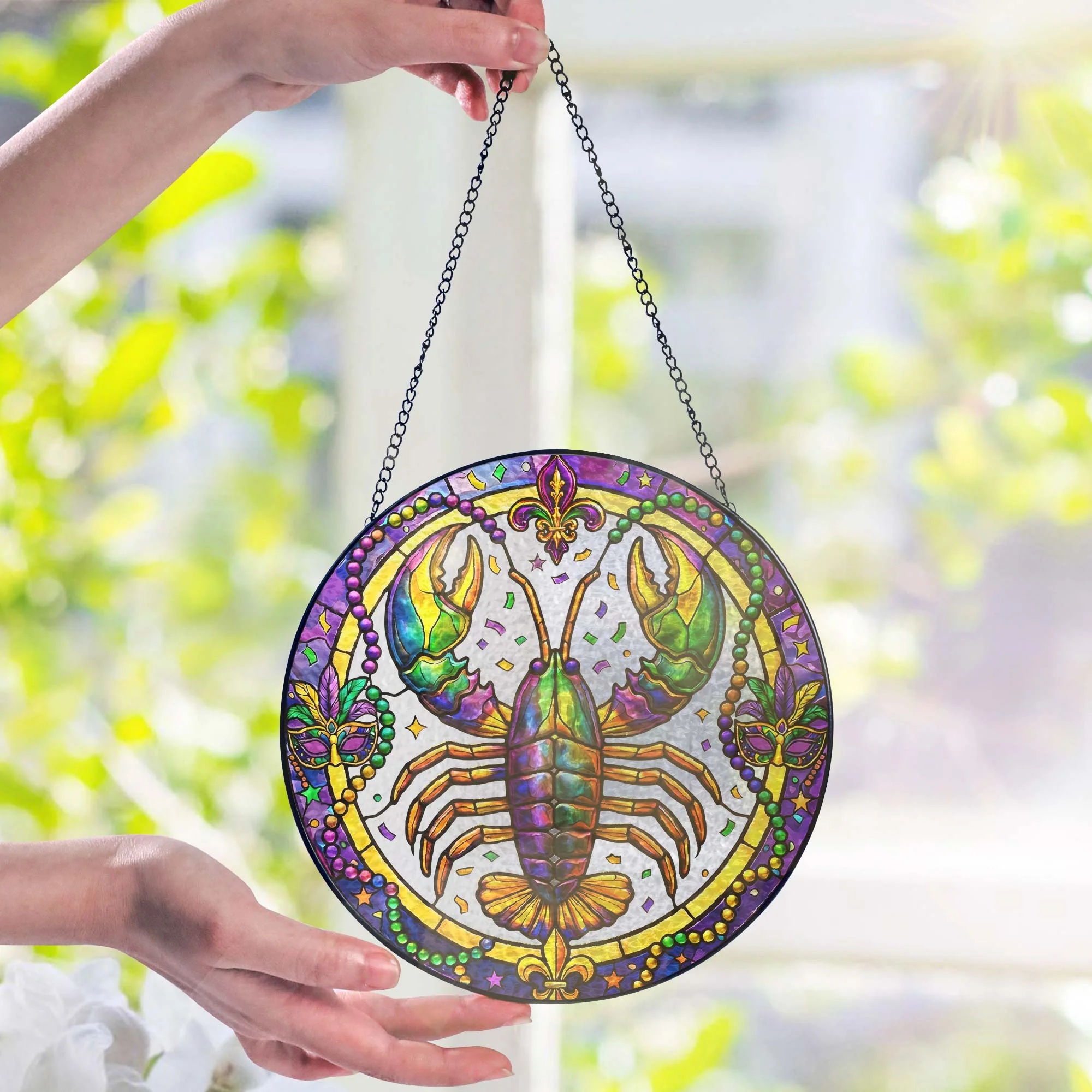 Mardi Gras Suncatcher, Crawfish Louisiana Stained Glass Window Hanging