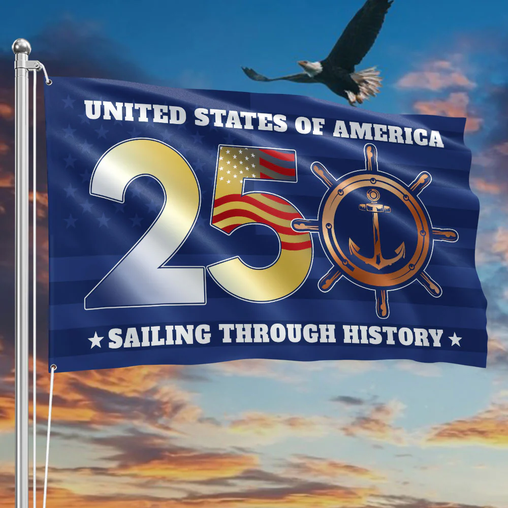 USA 250th Sailing Through History Grommet Flag for Patriotic Navy Decor