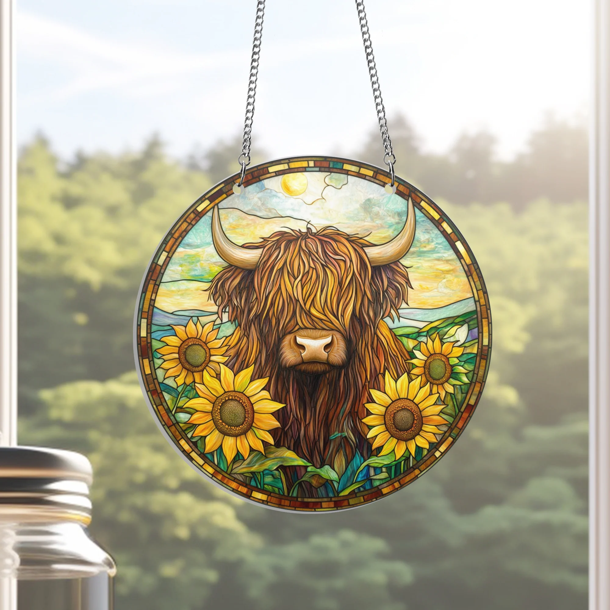Highland Cow Sunflower Suncatcher Hanging Sign, Farm decor