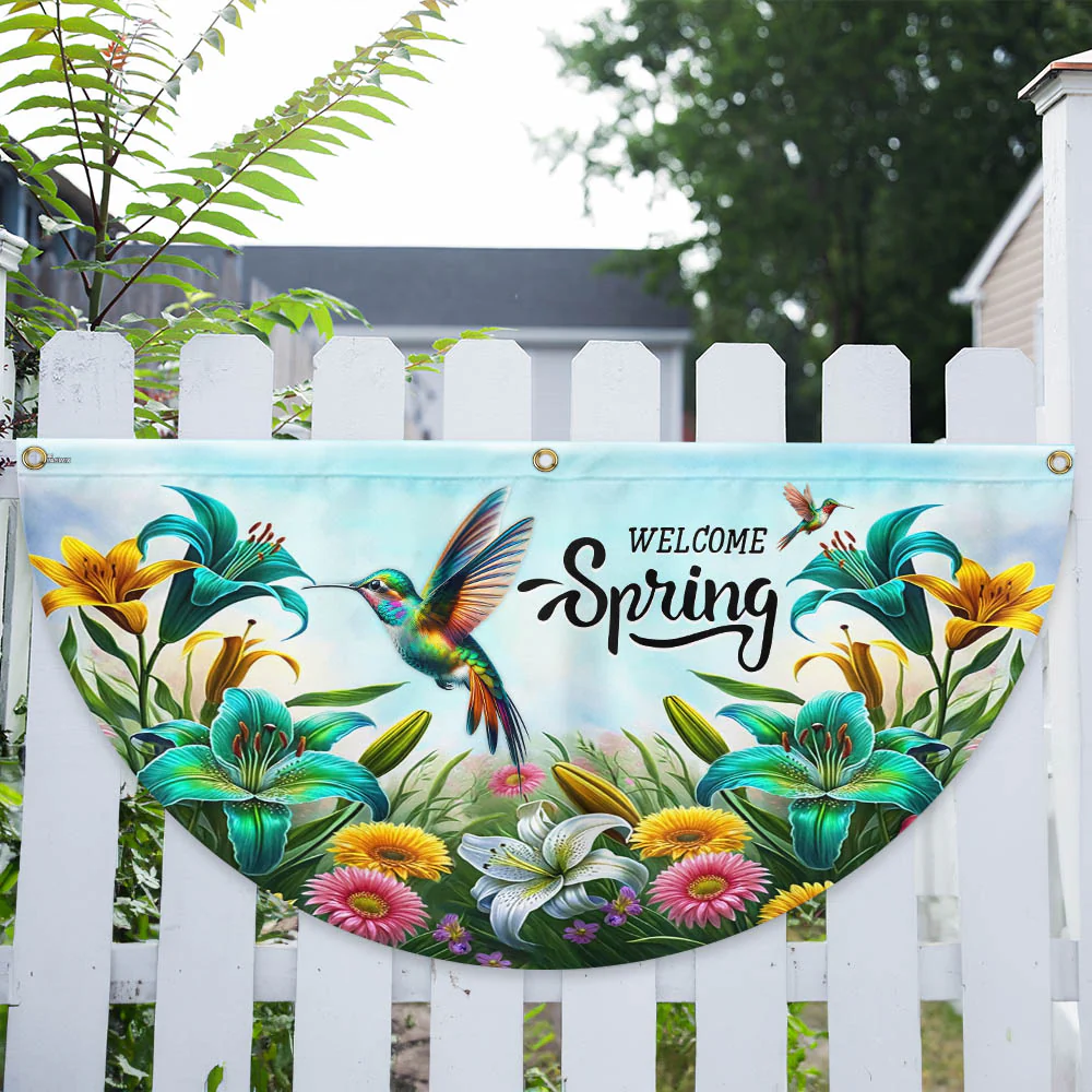 Welcome Spring Hummingbird Non-Pleated Fan Flag
