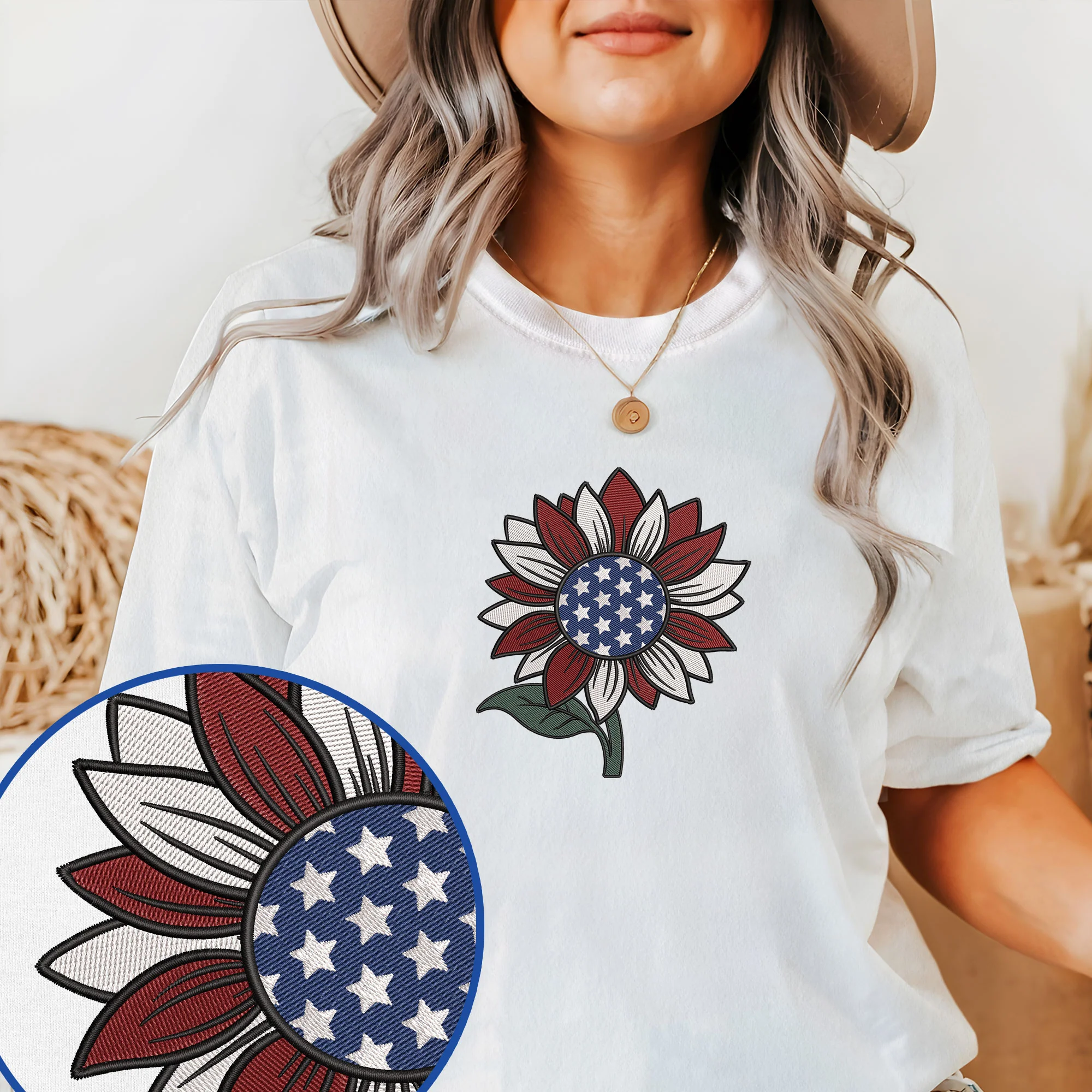 America Sunflower 4th Of july Independence Day Embroidered T-Shirt