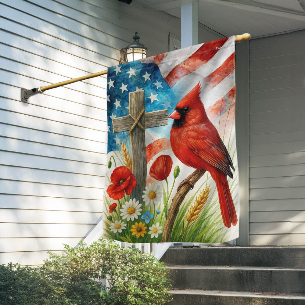 Memorial Cardinal Christian Cross American Flag