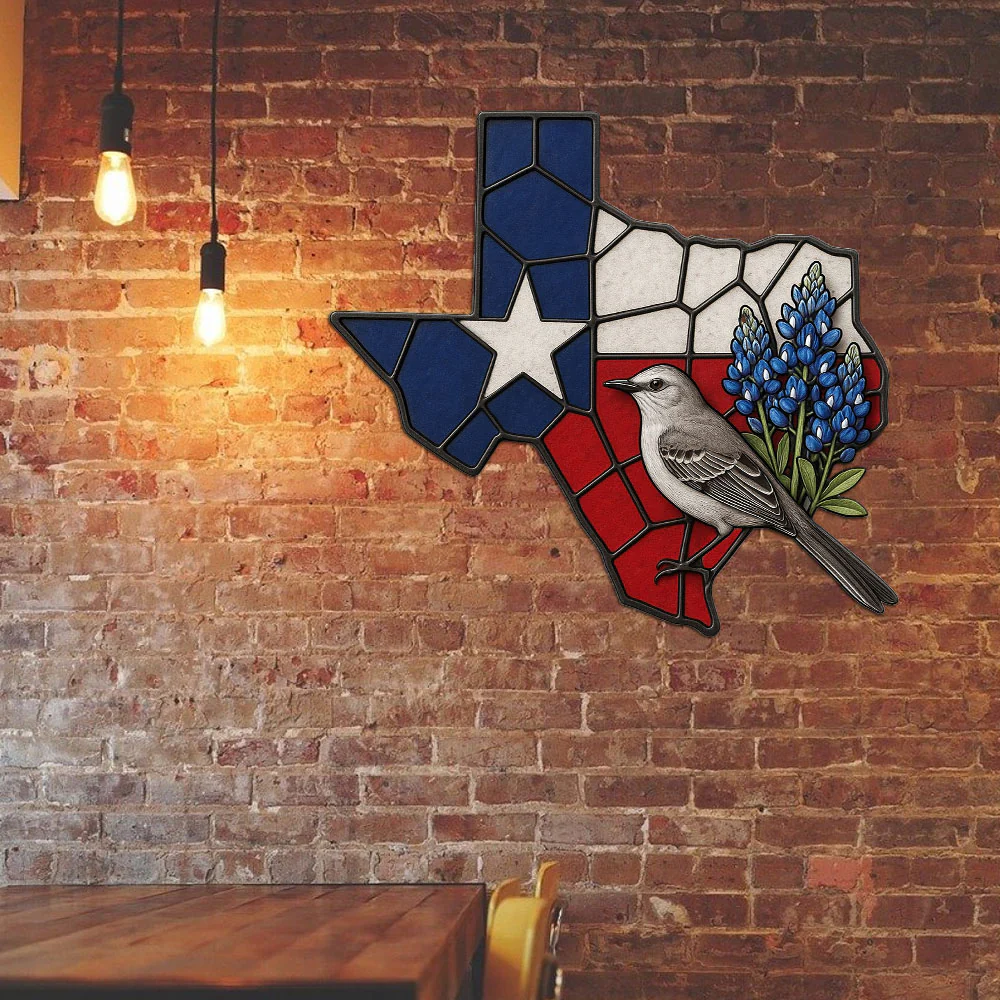 Texas Map Hanging Metal Sign, Mockingbird and Bluebonnet Home Decor