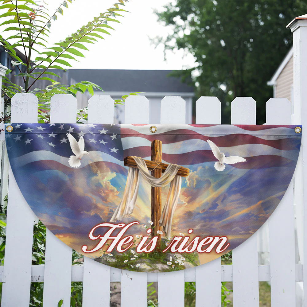 Christian Cross He Is Risen, Easter Day Christian Non-Pleated Fan Flag