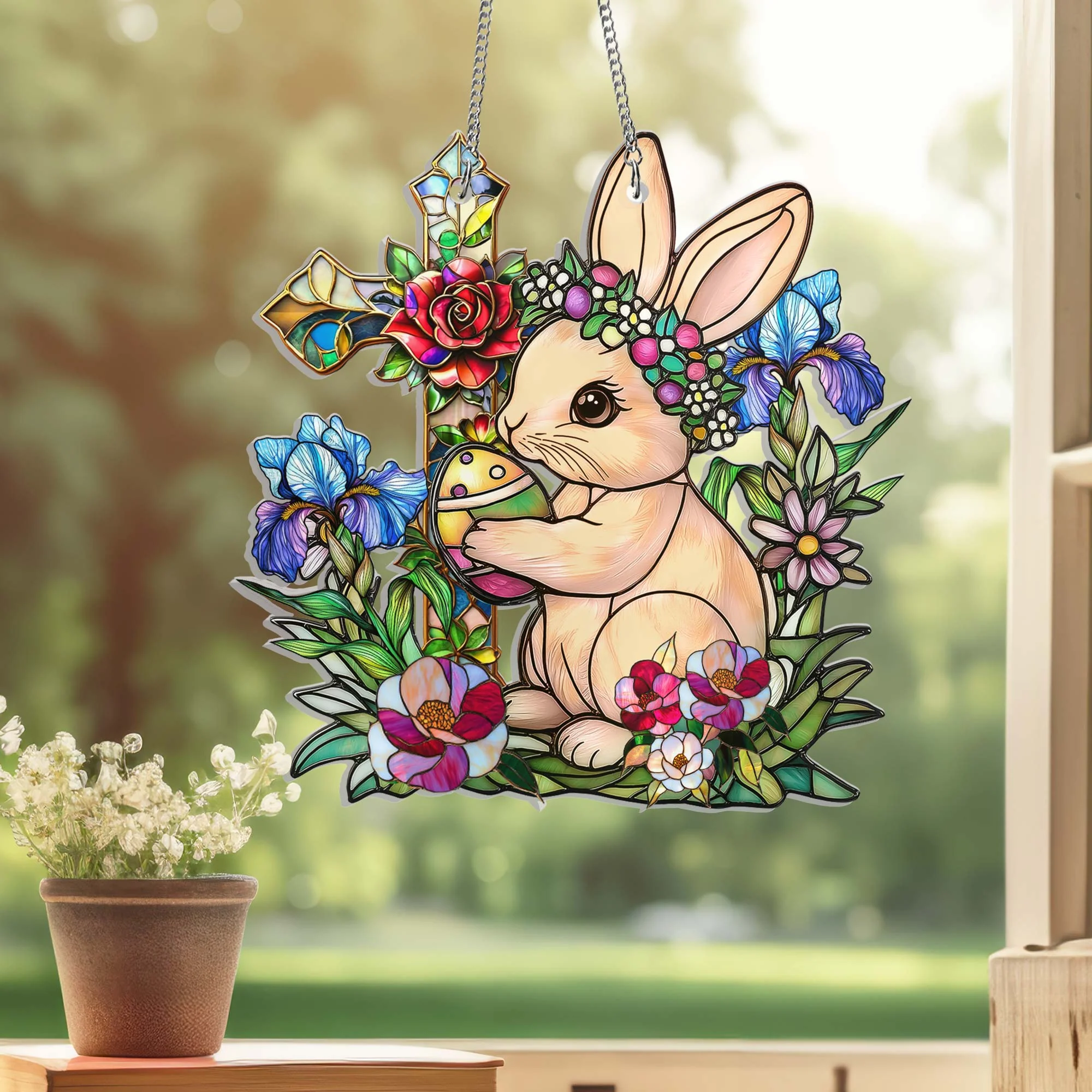 Easter Rabbit and Cross Suncatcher Acrylic Window Hanging