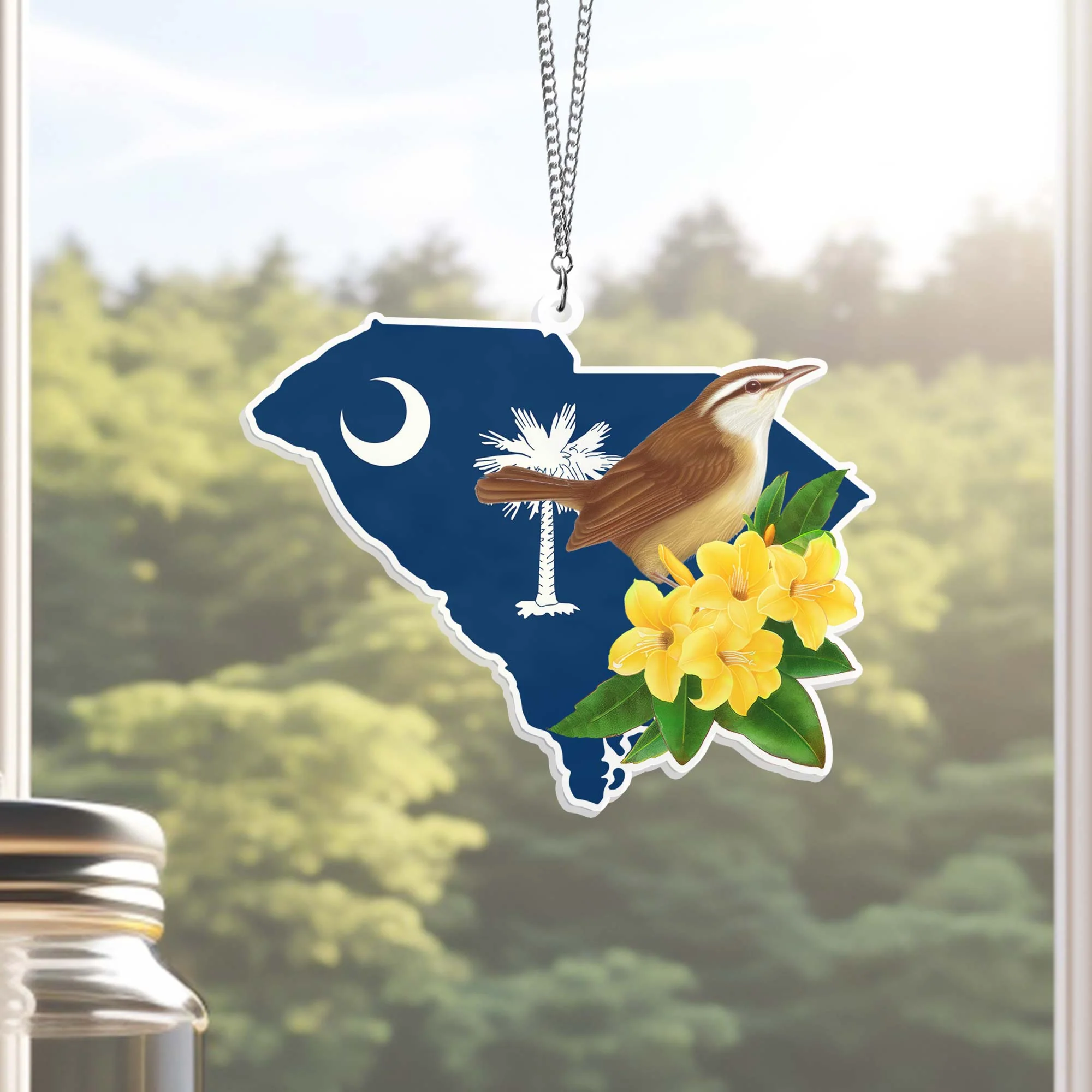 South Carolina Wren and Yellow Jessamine Flower Suncatcher Acrylic Hanging VTM306ASn