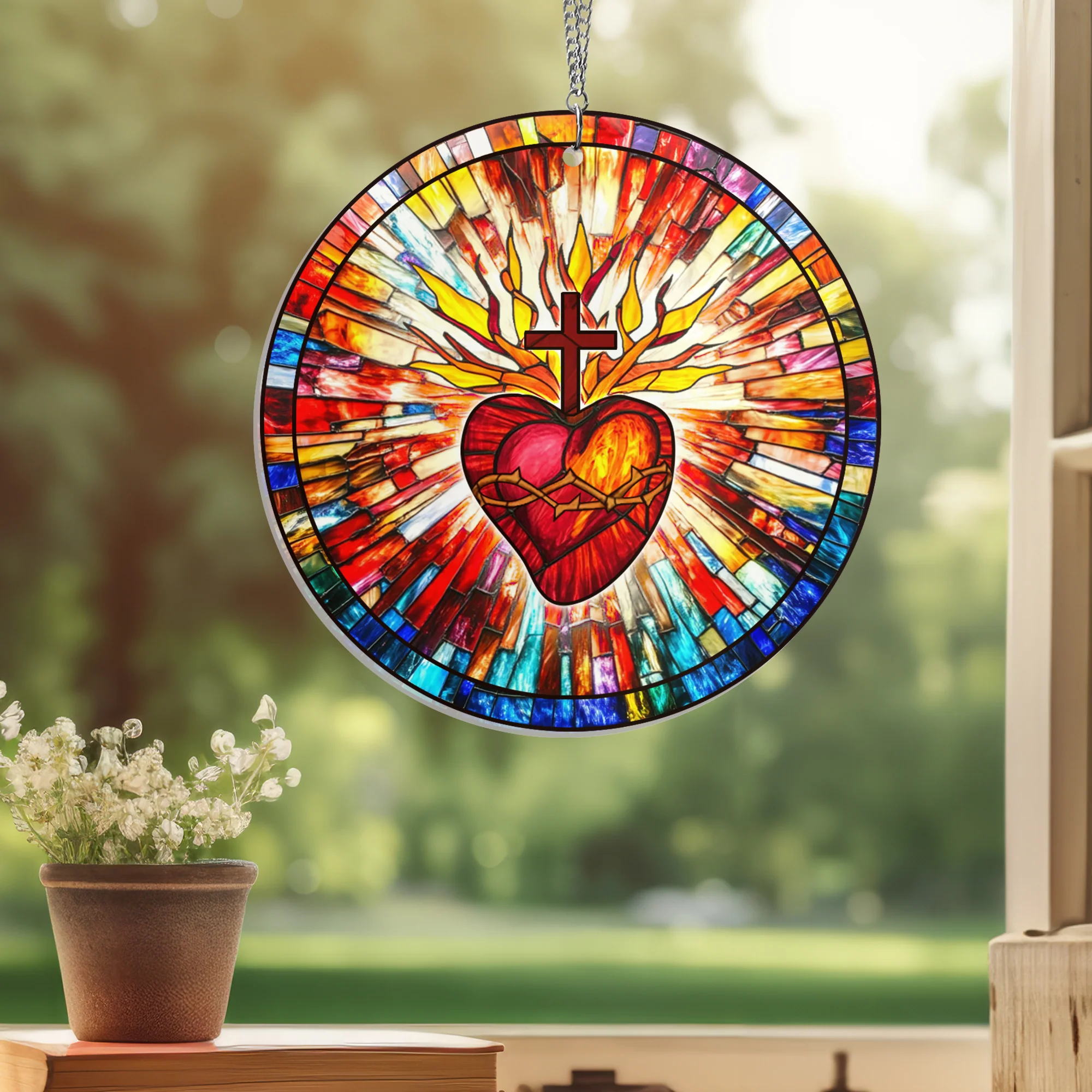 Christian Cross, Sacred Heart of Jesus Suncatcher Acrylic Hanging