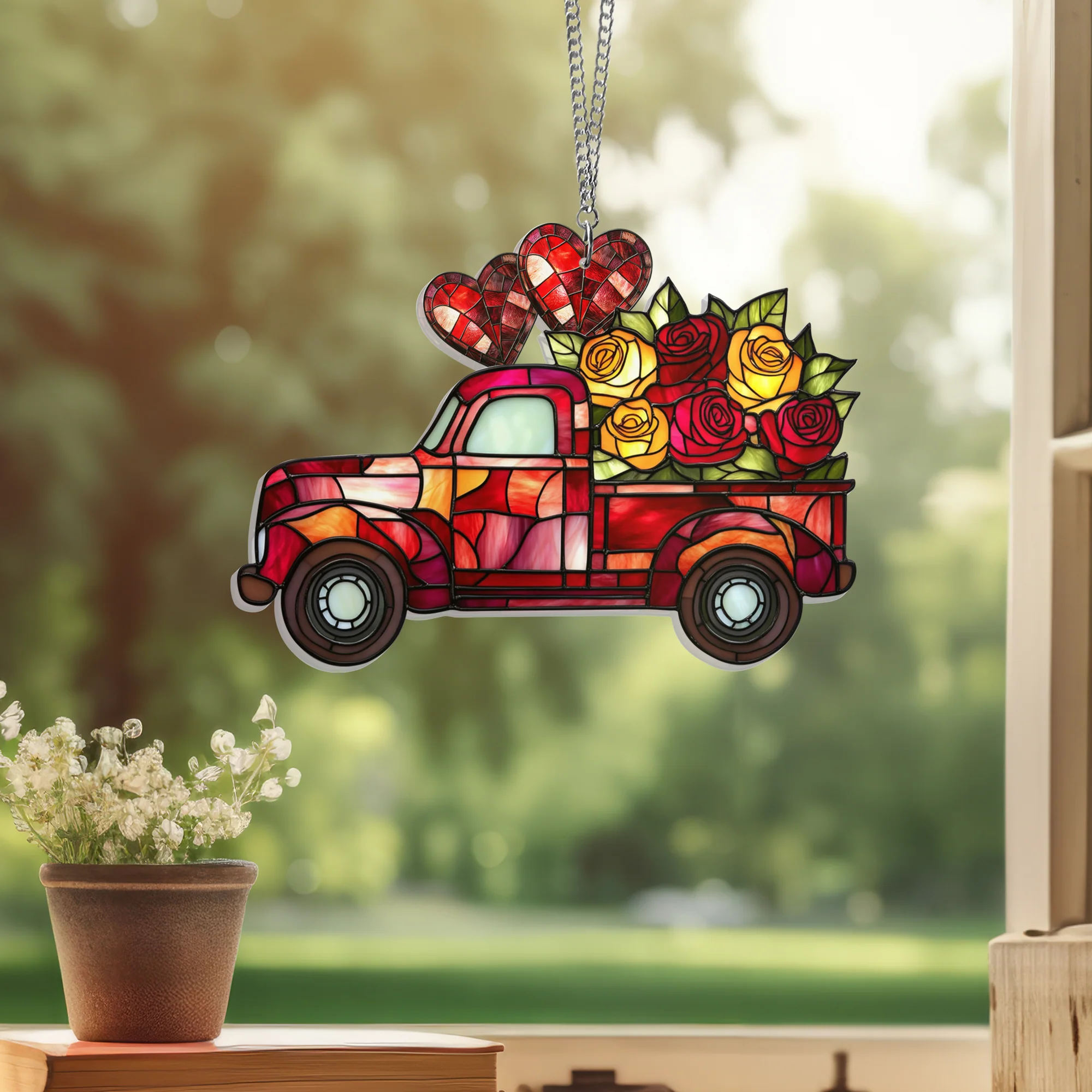 Valentine’s Gifts Red Truck With Roses Acrylic Suncatcher Hanging Sign
