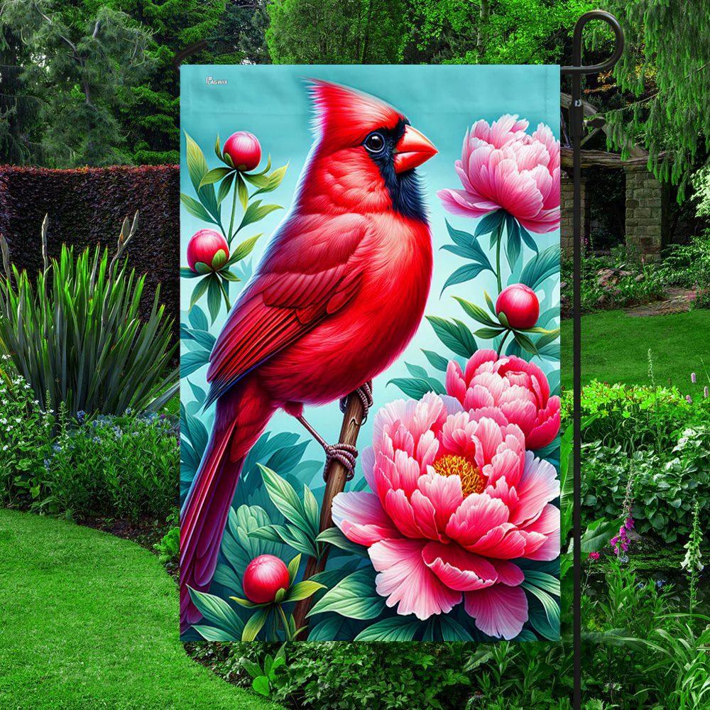 Bimipi Indiana State Cardinal and Peony Flower Flag
