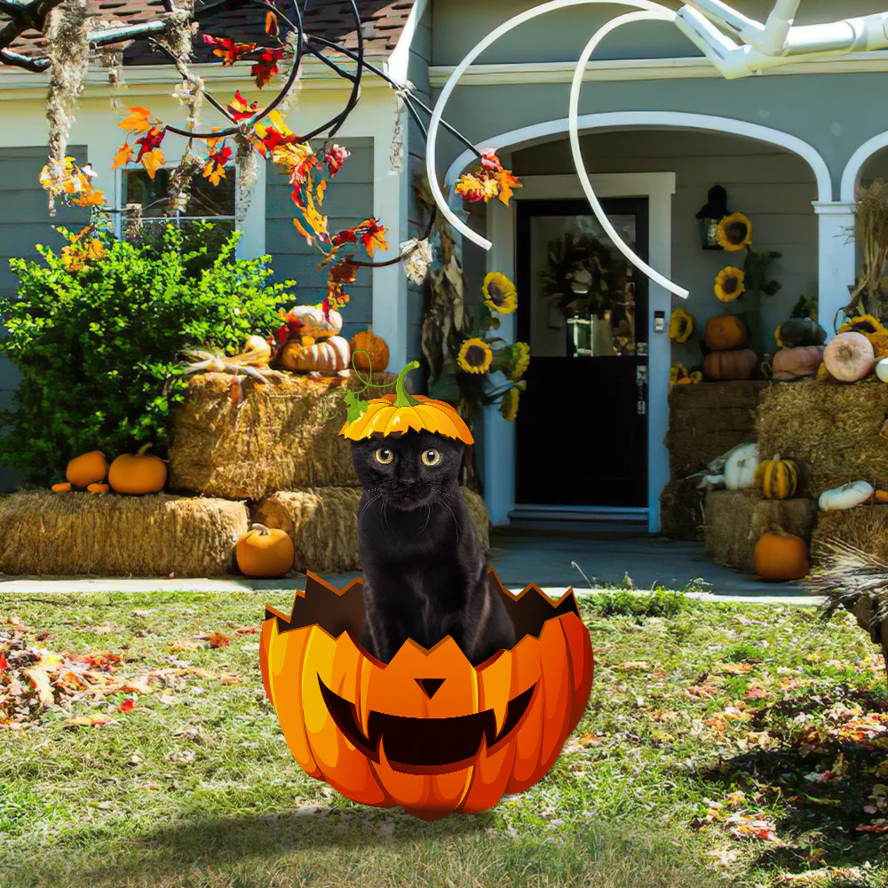 Black Cat Halloween Metal Sign Black Cat In Pumpkin Garden Sign Decoration QNK11MSv2