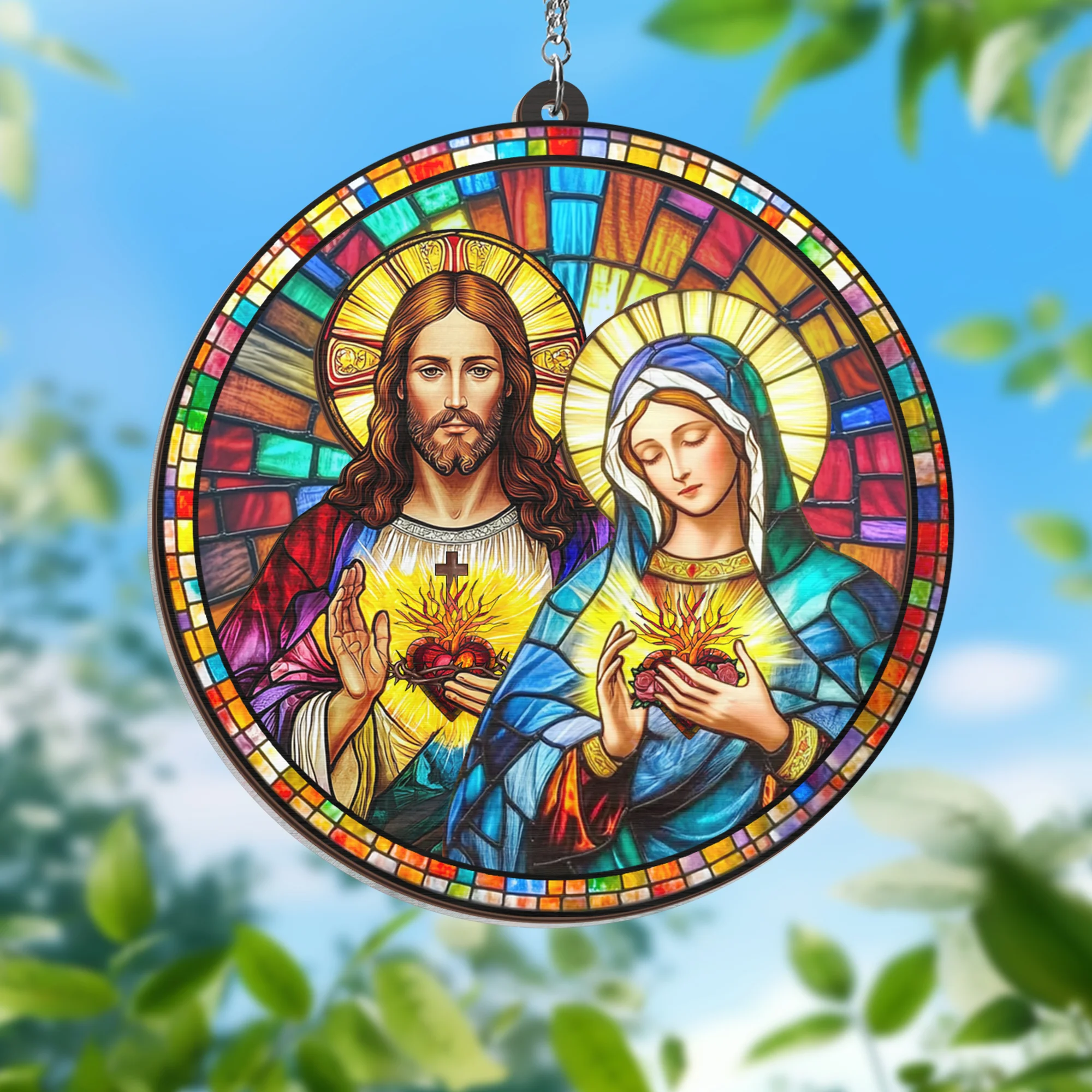 Sacred Heart of Jesus & Immaculate Heart of Mary 2 Layered Hanging Suncatcher