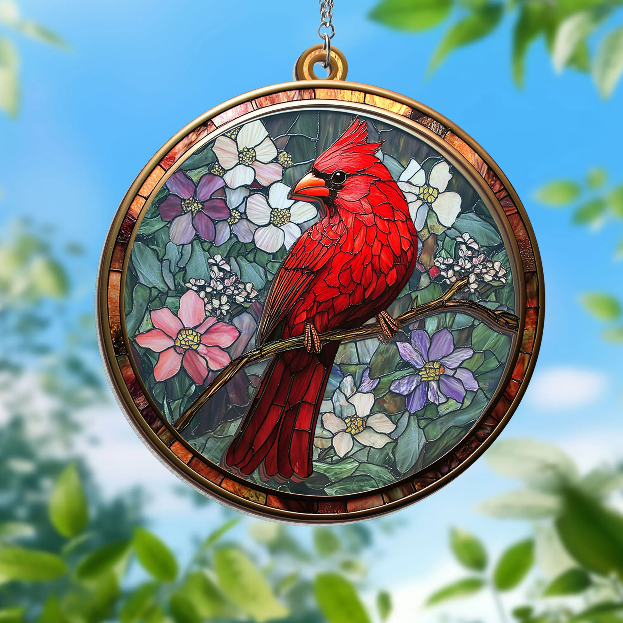 Red Cardinals Flower 2 Layered Hanging Suncatcher