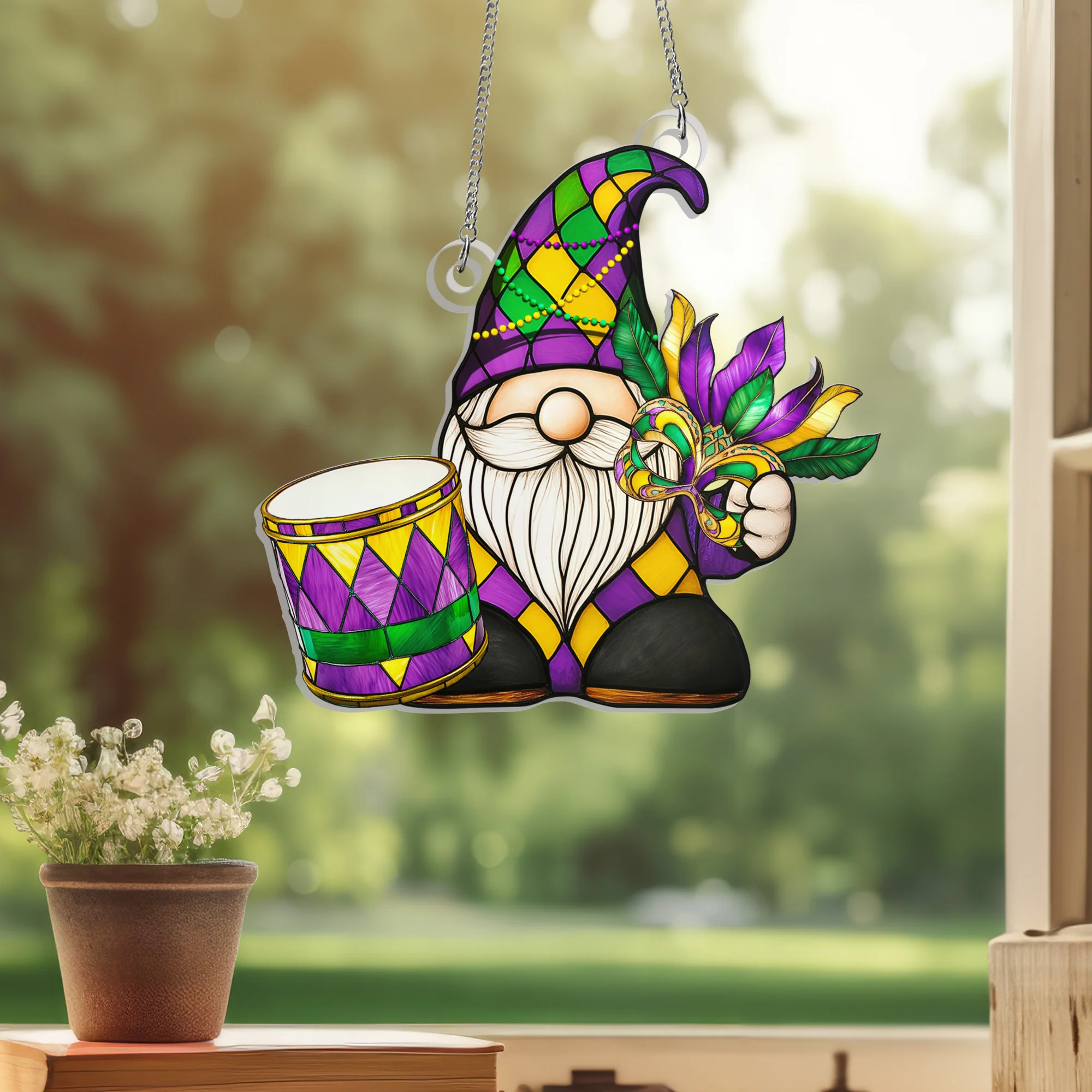 Mardi Gras Gnome Suncatcher, Fat Tuesday Carnival Parade Acrylic Hanging Sign