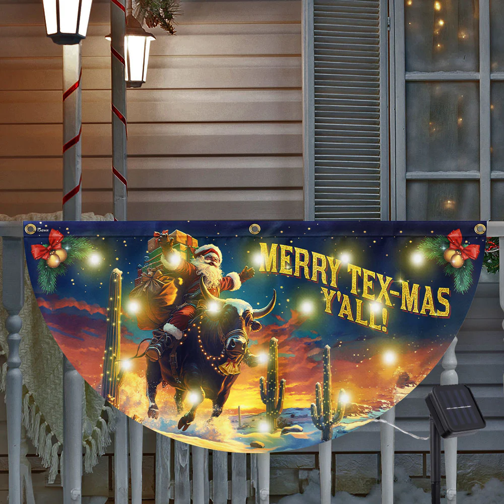 Merry Tex-Mas Y’all Flag | Cowboy Solar LED Fan Flag for Holiday Decor