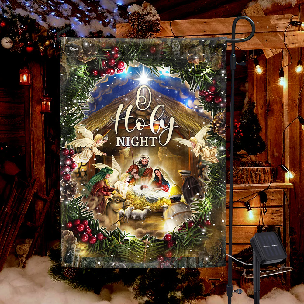 Nativity of Jesus O Holy Night Christmas Solar LED Garden Flag  - Inspirational Holiday Gift for Home & Outdoor Decor 3-Day Shipping