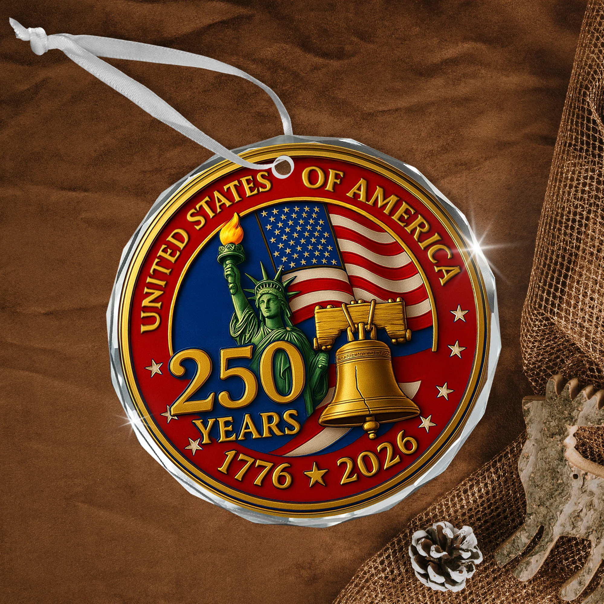 Bimipi 250th Anniversary USA Glass Ornament - Patriotic Christmas Decoration - USA American Keepsake