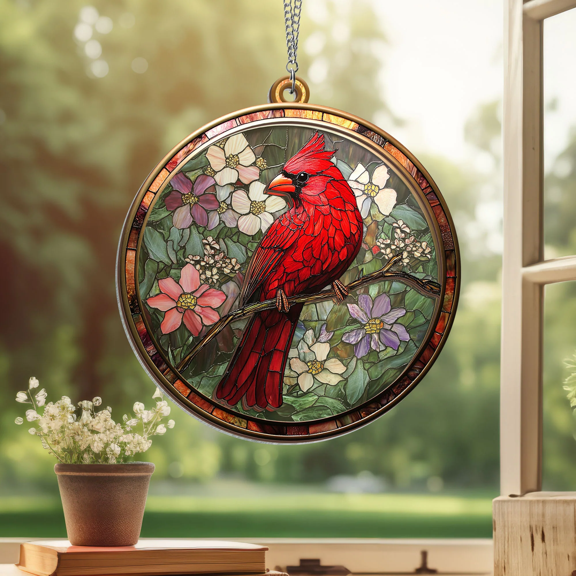 Red Cardinals Flower 2 Layered Hanging Suncatcher