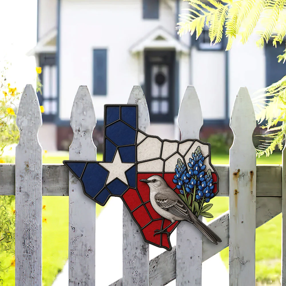 Texas Map Hanging Metal Sign, Mockingbird and Bluebonnet Home Decor