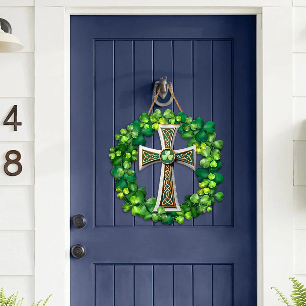 Christian Celtic Cross with Shamrock, Irish St. Patrick’s Day Wooden Door Sign