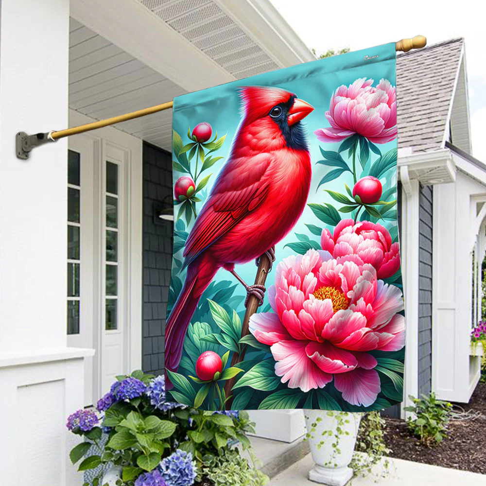 Bimipi Indiana State Cardinal and Peony Flower Flag