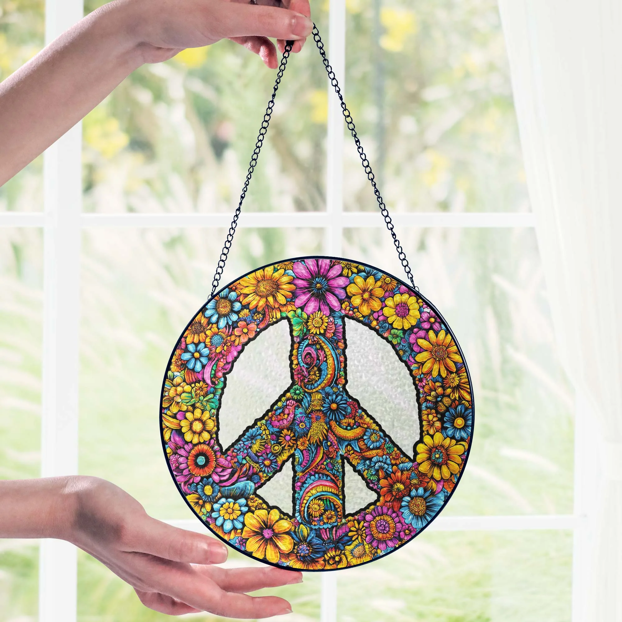 Hippie Peace Sign Woodstock Sunflower Stained Glass Suncatcher