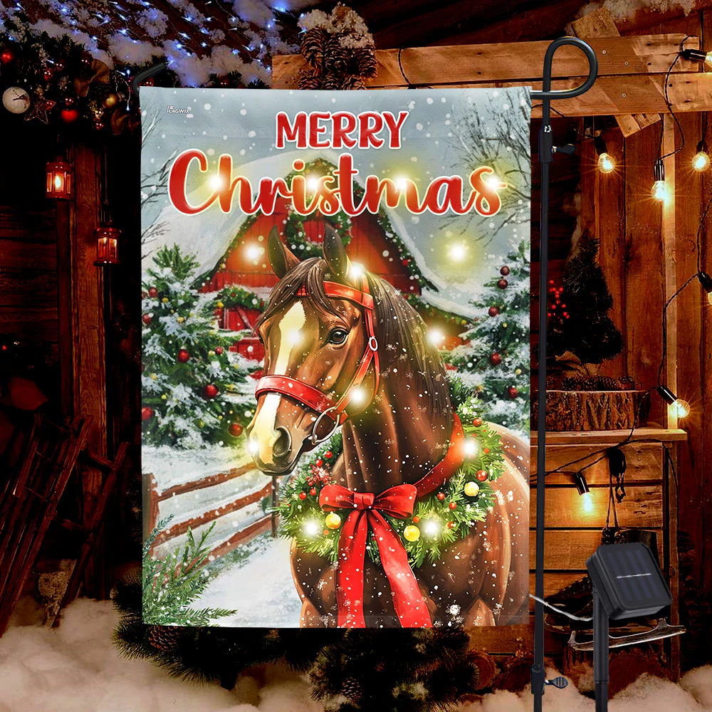 Merry Christmas Horse Solar LED Garden Flag, Red Barn Festive Farm Decor