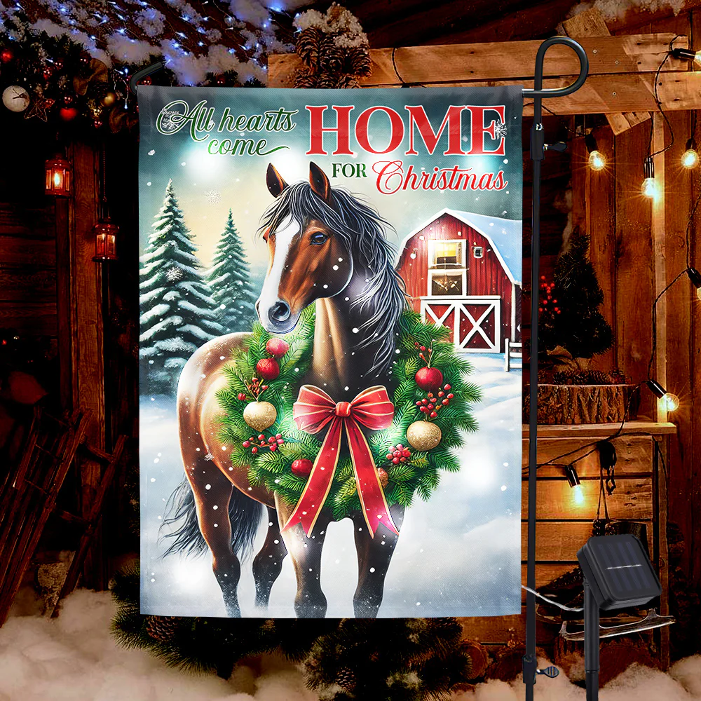 Horse Outdoor Christmas Decoration All Hearts Come Home For Christmas Solar LED Garden Flag
