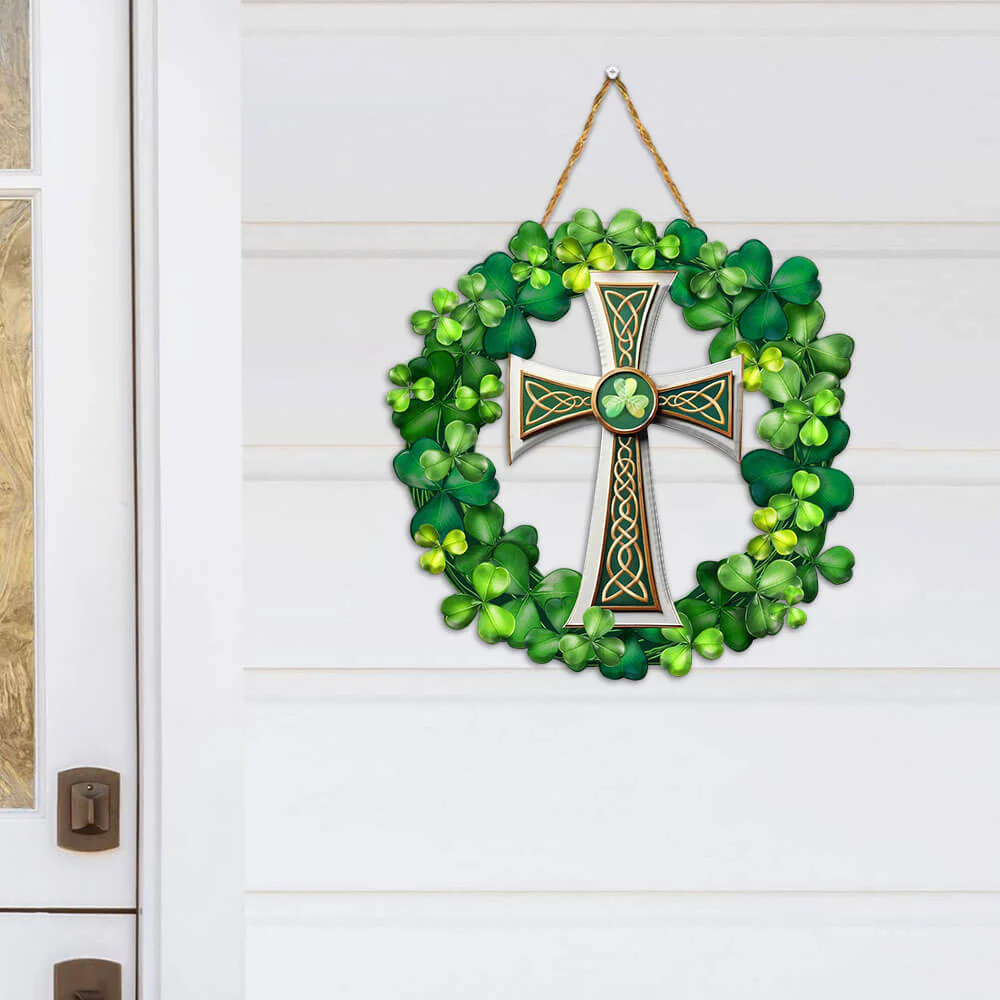 Christian Celtic Cross with Shamrock, Irish St. Patrick’s Day Wooden Door Sign