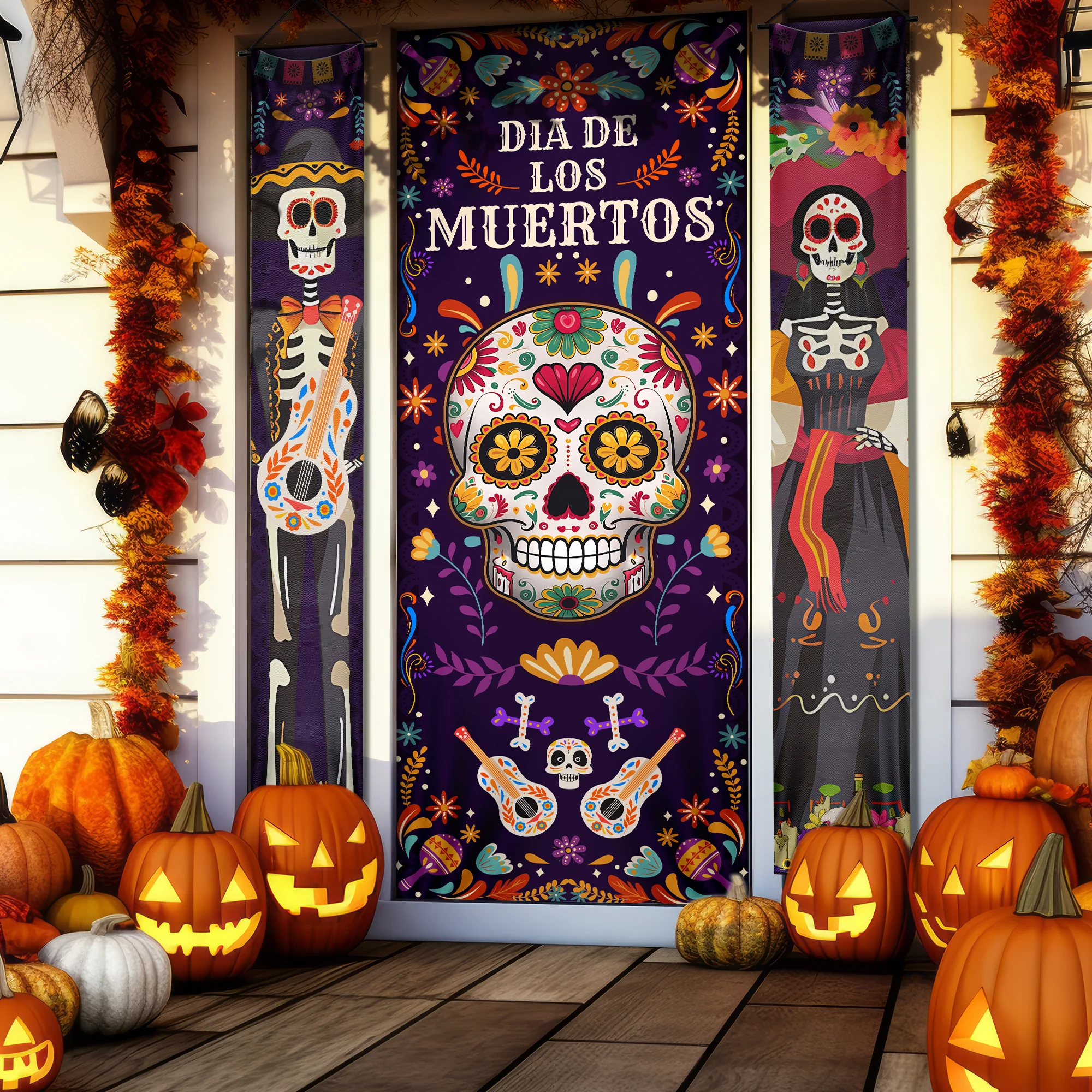 Halloween Decorations Mexican Dia De Los Muertos Party Day of the Dead Skull Door Cover & Door Banners