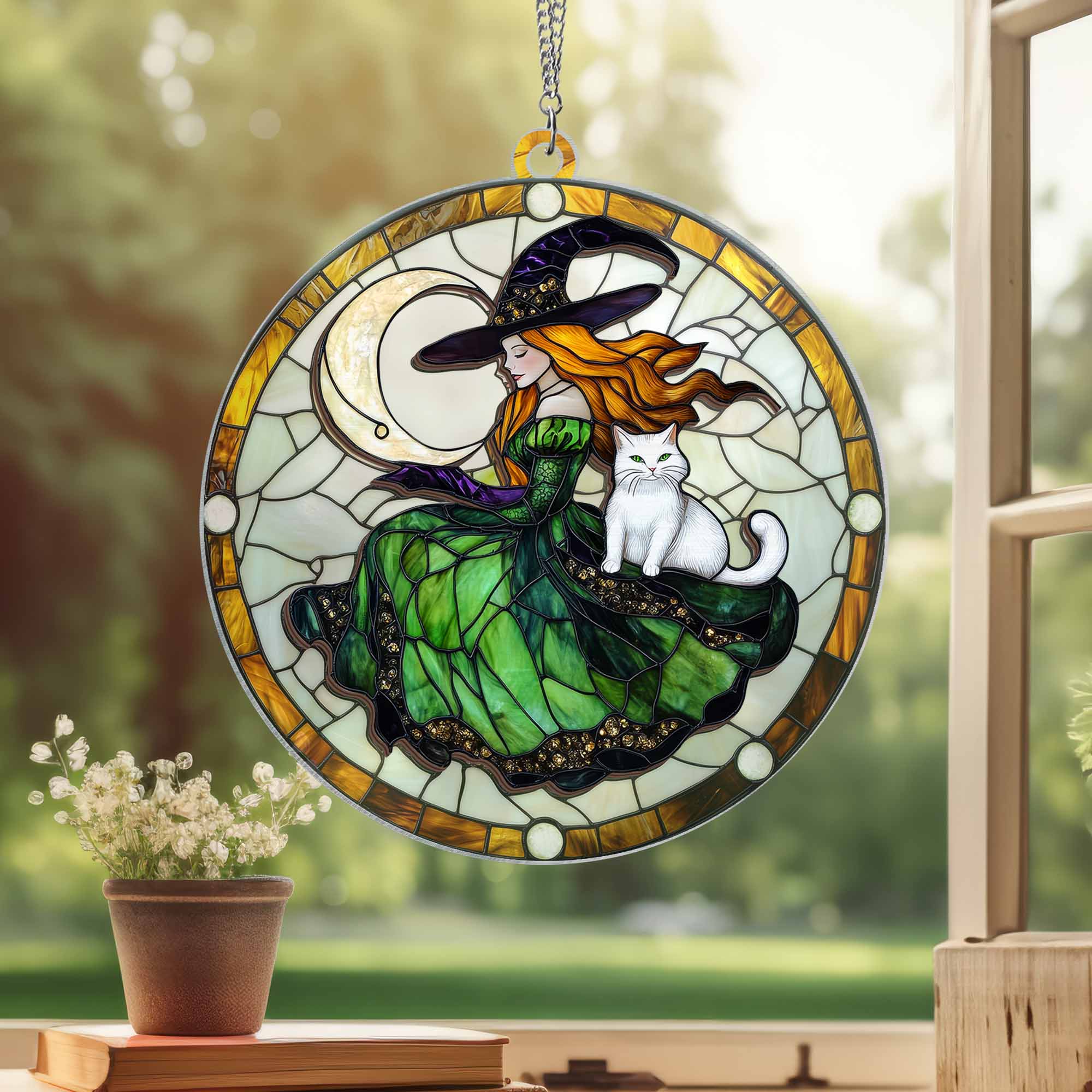 Witchcraft Cat Halloween 2 Layered Hanging Suncatcher