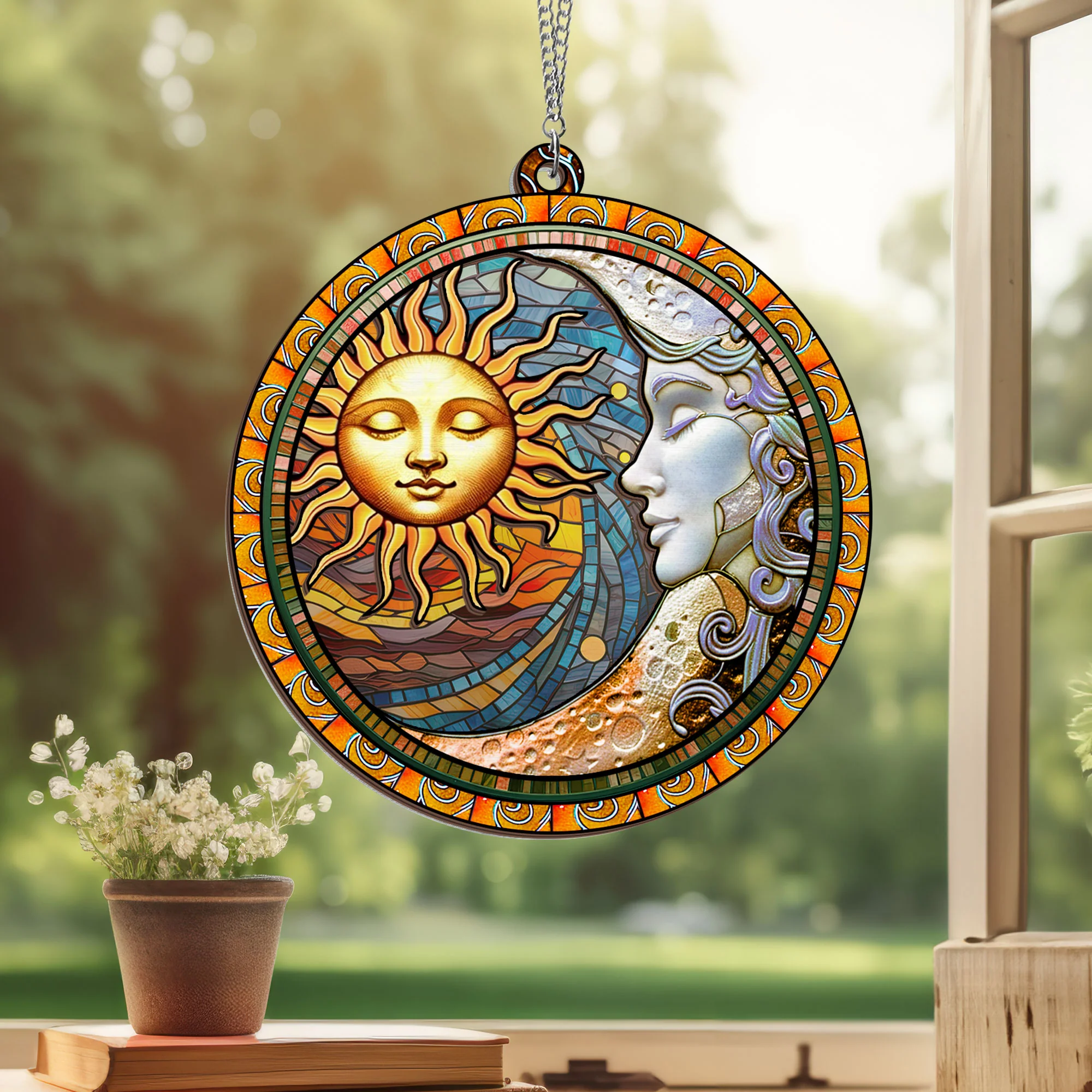 Sun and Moon Face Hippie Decor 2 Layered Hanging Suncatcher